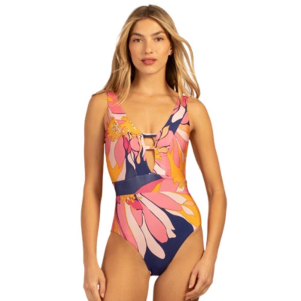 Trina Turk Breeze Plunge Maillot One Piece Swimsuit Blue Yellow Floral Size 14
